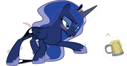 Size: 4256x2223 | Tagged: safe, artist:fallingcomets, edit, editor:slayerbvc, princess luna, alicorn, pony, blushing, cider, drunk, drunk luna, female, magic, mare, mug, peytral, shaved tail, simple background, solo, tankard, transparent background, vector, vector edit, wobbling