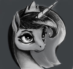 Size: 1249x1191 | Tagged: safe, artist:ponsce, princess luna, alicorn, pony, bust, gray background, grayscale, jewelry, monochrome, portrait, simple background, solo, tiara