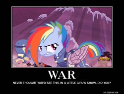 Size: 750x574 | Tagged: safe, derpibooru import, screencap, rainbow dash, pegasus, pony, the cutie re-mark, alternate timeline, amputee, apocalypse dash, artificial wings, augmented, clothes, crystal war timeline, demotivational poster, mechanical wing, meme, motivational poster, prosthetic limb, prosthetic wing, prosthetics, scar, torn ear, uniform, wings