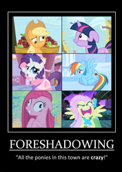 Size: 424x600 | Tagged: safe, derpibooru import, edit, edited screencap, screencap, applejack, fluttershy, pinkie pie, rainbow dash, rarity, twilight sparkle, unicorn twilight, earth pony, pegasus, pony, unicorn, applebuck season, party of one, sonic rainboom (episode), suited for success, swarm of the century, the best night ever, apple basket, appletired, artifact, cropped, derp, female, flutterrage, foreshadowing, mare, marshmelodrama, messy mane, motivational poster, pinkamena diane pie, quote, rarity being rarity, twilight snapple