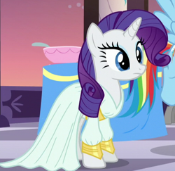 Size: 502x488 | Tagged: safe, derpibooru import, screencap, rainbow dash, rarity, pegasus, pony, unicorn, rarity investigates, clothes, dress, outfit catalog