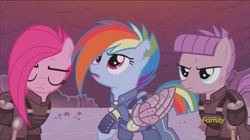 Size: 1365x766 | Tagged: safe, derpibooru import, screencap, maud pie, pinkie pie, rainbow dash, earth pony, pegasus, pony, the cutie re-mark, alternate timeline, amputee, apinkalypse pie, apocalypse dash, apocalypse maud, armor, artificial wings, augmented, clothes, crystal war timeline, discovery family logo, pinkamena diane pie, prosthetic limb, prosthetic wing, prosthetics, scar, short tail, torn ear, uniform, wings