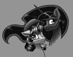 Size: 1914x1494 | Tagged: safe, artist:jykinturah, princess luna, oc, oc:amarynceus, alicorn, pony, unicorn, bust, female, grayscale, hat, mare, monochrome, portrait