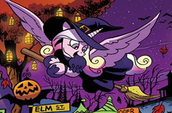 Size: 376x247 | Tagged: safe, artist:andypriceart, idw, princess cadance, alicorn, pony, spoiler:comic, spoiler:comic71, broom, clothes, costume, cropped, cute, cutedance, female, flying, flying broomstick, hat, lantern, mare, nightmare night, nightmare night costume, official comic, smiling, spread wings, tree, wings, witch costume, witch hat