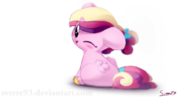 Size: 1024x561 | Tagged: safe, artist:sverre93, princess cadance, alicorn, pony, blushing, bow, chibi, cute, cutedance, female, filly, filly cadance, hair bow, hnnng, looking at you, looking back, looking back at you, one eye closed, open mouth, open smile, simple background, smiling, smiling at you, sverre is trying to murder us, tail bow, watermark, weapons-grade cute, white background, wink, winking at you, younger
