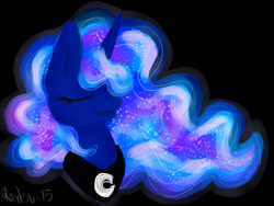 Size: 1024x768 | Tagged: safe, artist:pprinceran, artist:prince-ran, princess luna, alicorn, pony, black background, bust, ethereal mane, eyes closed, female, hair over one eye, jewelry, mare, missing accessory, regalia, simple background, solo, starry mane