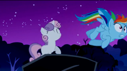 Size: 1274x718 | Tagged: safe, screencap, rainbow dash, sweetie belle, pegasus, pony, unicorn, sleepless in ponyville, female, horn, mare