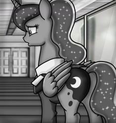 Size: 1250x1332 | Tagged: safe, artist:z-y-c, princess luna, alicorn, pony, crown, door, female, jewelry, mare, monochrome, regalia, solo