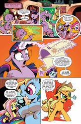 Size: 1040x1600 | Tagged: safe, artist:andypriceart, derpibooru import, idw, applejack, fluttershy, pinkie pie, rainbow dash, rarity, spike, twilight sparkle, dragon, earth pony, pegasus, pony, unicorn, the return of queen chrysalis, spoiler:comic, burp, comic, disguise, disguised changeling, fire, form letter, glowing horn, idw advertisement, issue 1, official, preview, scroll, shocked, snorting