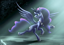 Size: 2400x1698 | Tagged: safe, artist:edd-xsagi, princess luna, alicorn, pony, moon, solo, spread wings, wings