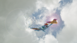 Size: 1920x1080 | Tagged: safe, artist:tygrhd, rainbow dash, scootaloo, pegasus, pony, cloud, cloudy, flying, lens flare, ponies in real life, sky, vector