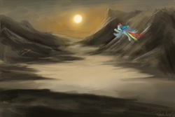 Size: 1000x668 | Tagged: safe, artist:psychoanalytic, rainbow dash, pegasus, pony, flying, scenery, solo