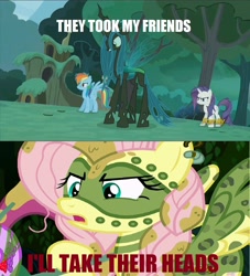 Size: 1066x1172 | Tagged: safe, derpibooru import, screencap, fluttershy, queen chrysalis, rainbow dash, rarity, changeling, changeling queen, pegasus, pony, unicorn, the cutie re-mark, alternate timeline, chrysalis resistance timeline, discovery family logo, female, image macro, meme, tribal, tribalshy