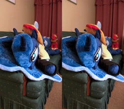 Size: 4598x4036 | Tagged: safe, artist:epicrainbowcrafts, big macintosh, princess luna, rainbow dash, alicorn, earth pony, pony, 3d, absurd resolution, clothes, cross eye stereogram, hoodie, irl, photo, plushie, stereoscopy