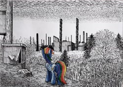 Size: 1938x1370 | Tagged: safe, artist:smellslikebeer, rainbow dash, pegasus, pony, abandoned, bygone civilization, chimney, crosshatch, factory, folded wings, ink, looking away, partial color, pollution, rear view, scenery, smoke, smoke stack, solo, traditional art