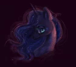 Size: 1582x1382 | Tagged: safe, artist:sarkarozka, princess luna, alicorn, pony, bust, ethereal mane, female, horn, lidded eyes, looking at you, mare, missing accessory, portrait, profile, simple background, solo, starry mane