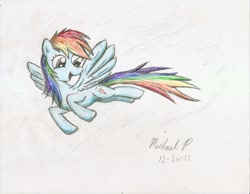 Size: 2192x1700 | Tagged: safe, artist:renaissancepony, rainbow dash, pegasus, pony, flying, solo, traditional art