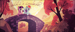 Size: 700x300 | Tagged: safe, artist:sweetleafx, rainbow dash, twilight sparkle, pegasus, pony, autumn, bridge, female, lesbian, shipping, tumblr, twidash