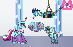 Size: 1024x661 | Tagged: safe, artist:author92, princess cadance, princess ember, alicorn, dragon, earth pony, pony, alternate costumes, armor, bondage, bound wings, brightly colored ninjas, clothes, crystal castle, crystal empire, crystal guard, crystal guard armor, dragoness, female, gag, guard, kunoichi, mask, mma, ninja, rope, sports bra, story included, suspended, suspension bondage, tape gag