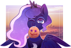 Size: 3985x2717 | Tagged: safe, artist:jeffapegas, princess luna, alicorn, pony, crown, female, food, jewelry, looking at you, mare, one eye closed, pancakes, regalia, wink