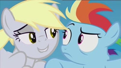 Size: 1136x640 | Tagged: safe, derpibooru import, edit, edited screencap, screencap, derpy hooves, rainbow dash, pegasus, pony, the cutie re-mark, creepy face, female, filly rainbow dash, mare, this will end in timeline distortion, twilest dashle