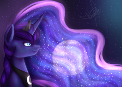 Size: 1024x725 | Tagged: safe, artist:shimmyyah, princess luna, alicorn, pony, female, mare, moon, night, signature, solo