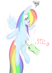 Size: 1000x1400 | Tagged: safe, artist:fromamida, derpibooru import, rainbow dash, oc, oc:anon, pegasus, pony, belly, blushing, cute, dashabetes, disembodied hand, female, flying, hand, long mane, long tail, mare, poking