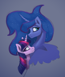 Size: 1440x1713 | Tagged: safe, artist:jykinturah, princess luna, twilight sparkle, alicorn, pony, curved horn, female, gray background, lesbian, lineless, mare, shipping, simple background, twiluna