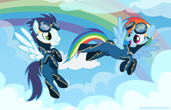 Size: 1024x658 | Tagged: safe, artist:tinuleaf, derpibooru import, rainbow dash, soarin', pegasus, pony, alternate costumes, redesign, wonderbolts