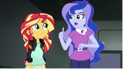 Size: 1414x798 | Tagged: safe, edit, edited screencap, screencap, princess luna, sunset shimmer, vice principal luna, equestria girls, friendship games, pregnant, pregnant edit, teen pregnancy