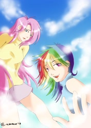 Size: 2480x3507 | Tagged: safe, artist:albablue, fluttershy, rainbow dash, clothes, female, humanized, multicolored hair