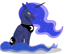 Size: 3938x3295 | Tagged: safe, artist:bri-sta, artist:kopcap94, color edit, edit, princess luna, alicorn, pony, colored, cutie mark, ethereal mane, female, glowing eyes, horn, jewelry, mare, missing accessory, regalia, shadow, simple background, sitting, solo, starry mane, transparent background, vector, vector edit
