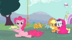 Size: 480x268 | Tagged: safe, derpibooru import, screencap, applejack, pinkie pie, rainbow dash, rarity, snails, snips, spike, twilight sparkle, dragon, earth pony, pegasus, pony, unicorn, magic duel, animated, ball, bouncing, colt, conjoined by horn, crying, cupcake, female, flying, giant wing, hub logo, magic, male, mane seven, mare, morph ball, no mouth, no nose, ocular gushers