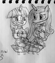 Size: 1024x1158 | Tagged: safe, artist:michaelmaddox222, princess cadance, twilight sparkle, twilight sparkle (alicorn), alicorn, pony, ballgag, black and white, bondage, bound and gagged, bound together, bound wings, floppy ears, gag, grayscale, helpless, horn ring, lineart, lined paper, looking at each other, magic suppression, monochrome, mummyjacket, restraints, signature, sitting on person, story included, straitjacket, struggling, tape gag, traditional art, worried