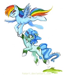 Size: 714x830 | Tagged: safe, artist:fukari, rainbow dash, oc, pegasus, pony, unicorn, carrying, flying, traditional art