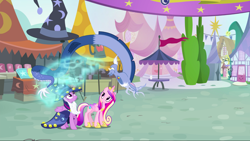 Size: 1440x811 | Tagged: safe, screencap, discord, princess cadance, twilight sparkle, twilight sparkle (alicorn), alicorn, draconequus, pony, three's a crowd, blue flu, fake beard, female, hat, health bubble, limbless, male, mare, star swirl the bearded costume, trio, wizard hat