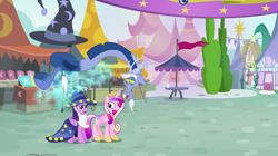 Size: 1440x809 | Tagged: safe, screencap, discord, princess cadance, twilight sparkle, twilight sparkle (alicorn), alicorn, draconequus, pony, three's a crowd, blue flu, fake beard, female, hat, health bubble, limbless, male, mare, star swirl the bearded costume, trio, wizard hat