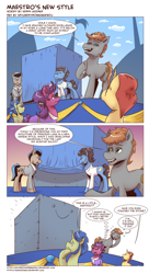 Size: 1200x2207 | Tagged: safe, artist:saturdaymorningproj, artist:szafalesiaka, princess luna, oc, oc:maestro, alicorn, earth pony, pony, unicorn, comic:maestro's sculpting career, abstract, art block, comic, cover, cube, display, emoji, female, male, mare, monologue, sculpture, smug, speech bubble, stallion, thought bubble