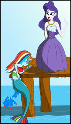 Size: 2011x3486 | Tagged: safe, artist:physicrodrigo, derpibooru import, part of a series, part of a set, rainbow dash, rarity, mermaid, series:equestria mermaids, equestria girls, clothes, cosplay, costume, dress, duo, earfins, high res, jumping, mermaidized, midriff, necklace, ocean, pier, species swap, story included, the little mermaid, torn clothes, vanessa