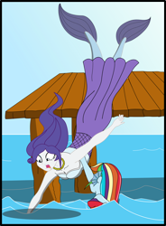 Size: 2124x2892 | Tagged: safe, artist:physicrodrigo, derpibooru import, part of a series, part of a set, rainbow dash, rarity, mermaid, series:equestria mermaids, equestria girls, clothes, cosplay, costume, dress, duo, earfins, falling, high res, mermaidized, necklace, ocean, pier, rainbow douche, species swap, story included, the little mermaid, transformation, vanessa