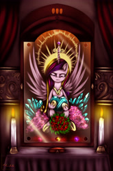 Size: 3377x5120 | Tagged: safe, artist:darksly, princess cadance, alicorn, pony, altar, candle, crystal heart, female, fire, holding, hoof shoes, painting, solo