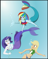 Size: 2683x3296 | Tagged: safe, artist:physicrodrigo, derpibooru import, part of a series, part of a set, applejack, rainbow dash, rarity, angler fish, mermaid, series:equestria mermaids, equestria girls, applerack, belly button, blue underwear, breasts, bubble, clothes, diving, dress, earfins, gills, high res, implied rarijack, mermaidized, midriff, necklace, ocean, panties, pearl, rainboob dash, rainbow douche, raritits, species swap, story included, submarine, swimsuit, tail pull, torn clothes, transformation, trio, underwater, underwear