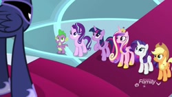 Size: 1920x1080 | Tagged: safe, screencap, applejack, princess cadance, princess luna, rarity, spike, starlight glimmer, twilight sparkle, twilight sparkle (alicorn), alicorn, dragon, earth pony, pony, unicorn, school raze, discovery family logo, hoof shoes, winged spike