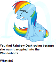 Size: 250x288 | Tagged: safe, rainbow dash, pegasus, pony, bronybait, crying, eyes closed, female, floppy ears, hooves, mare, meme, ocular gushers, open mouth, question, sad, simple background, sitting, solo, text, vector, what do, white background, wings, wonderbolts