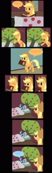 Size: 900x2975 | Tagged: safe, artist:kasun05, derpibooru import, applejack, bloomberg, rainbow dash, earth pony, pegasus, pony, book, comic, costume, fluttertree, spanish, translation, tree