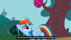 Size: 638x359 | Tagged: safe, screencap, rainbow dash, pegasus, pony, dragonshy, ball, solo, youtube caption