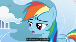 Size: 639x355 | Tagged: safe, screencap, rainbow dash, pegasus, pony, ei, hub logo, solo, youtube caption