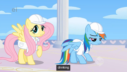 Size: 632x357 | Tagged: safe, screencap, fluttershy, rainbow dash, pegasus, pony, sonic rainboom (episode), ei, hub logo, youtube caption