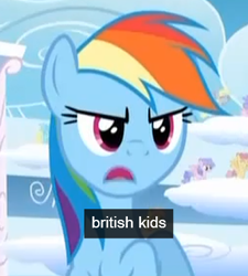 Size: 371x412 | Tagged: safe, screencap, rainbow dash, pegasus, pony, sonic rainboom (episode), british, solo, youtube caption