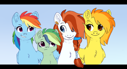 Size: 2324x1272 | Tagged: safe, artist:silcybell, derpibooru import, rainbow dash, spitfire, oc, oc:color burst, oc:rain song, pegasus, pony, family, female, lesbian, magical lesbian spawn, offspring, parent:rainbow dash, parent:spitfire, parents:spitdash, shipping, spitdash